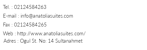 Anatolia Suites telefon numaralar, faks, e-mail, posta adresi ve iletiim bilgileri
